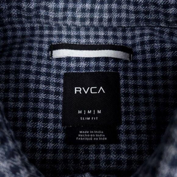 RVCA Flannel Slim Fit Button Down Casual Short Sleeve Shirt Check Navy Blue Gray - Picture 7 of 8